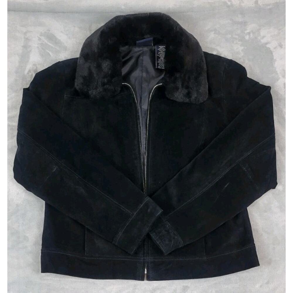 Sonoma 100% Suede Leather Faux Fur Collar Jacket coat womens Petite medium black